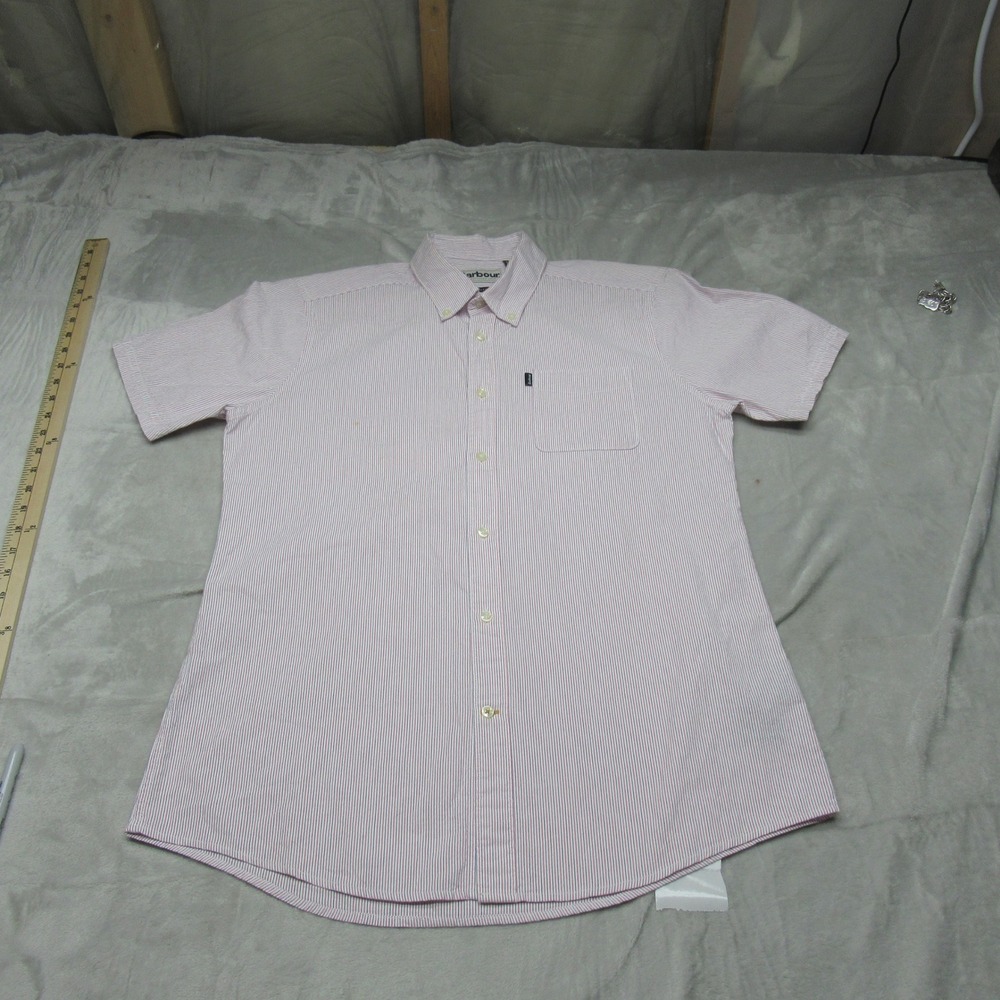 Barbour Seersucker Shirt Mens Medium‎ Red White Striped Short Sleeve Button Down